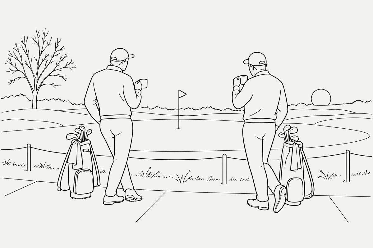 Two golfers wait with coffee on a path beside a roped-off green on a frosty morning.