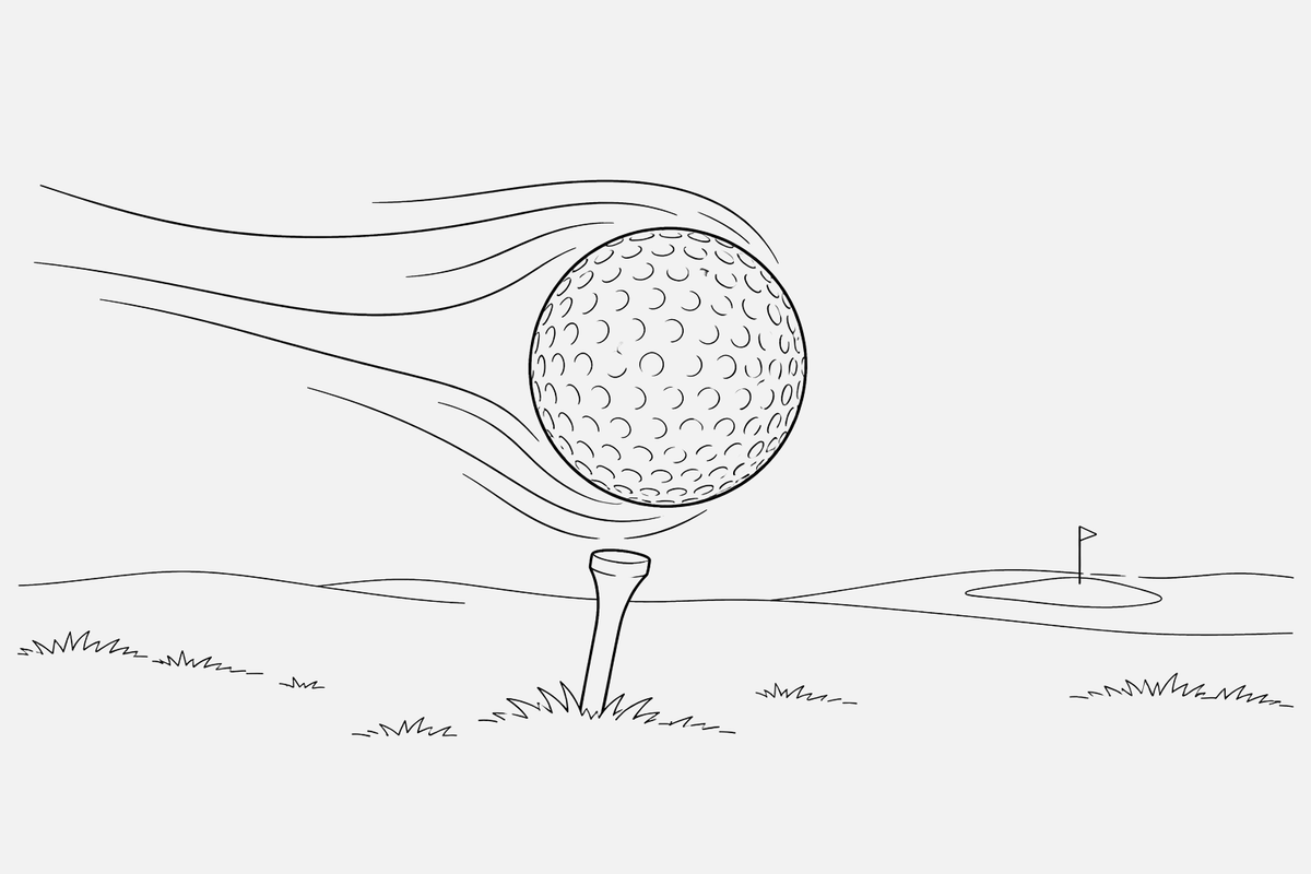 Svart linjeteckning av en golfboll med små gropar som lyfter från en pegg, med linjer som visar luftens väg runt bollen.