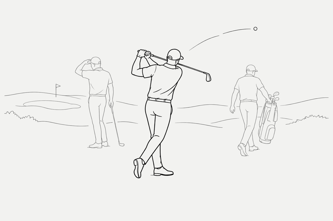 Teckning av golfare som planerar ett slag, avslutar en sving och går med en golfbag.