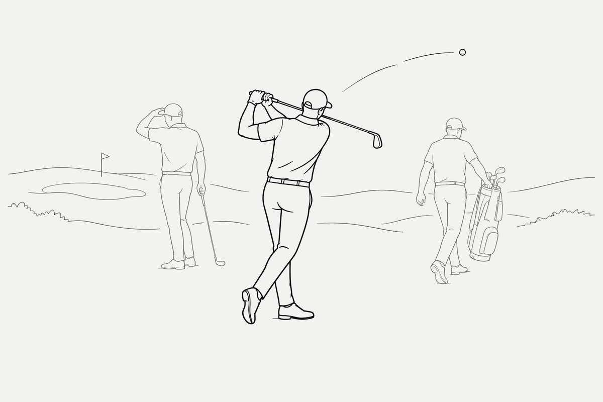 Black line illustration of golfers planning a shot, completing a balanced swing with both hands on the club, and walking with a golf bag.
