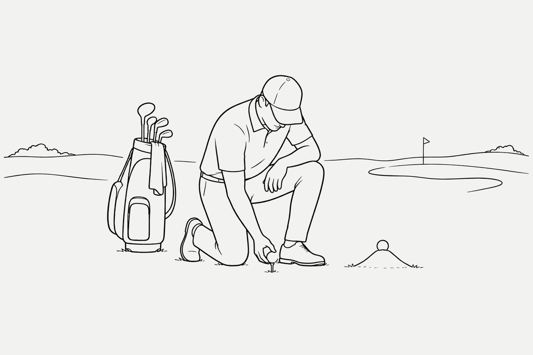 Teckning av en golfare som lägger en boll på en pegg bredvid en boll på en liten sandhög.