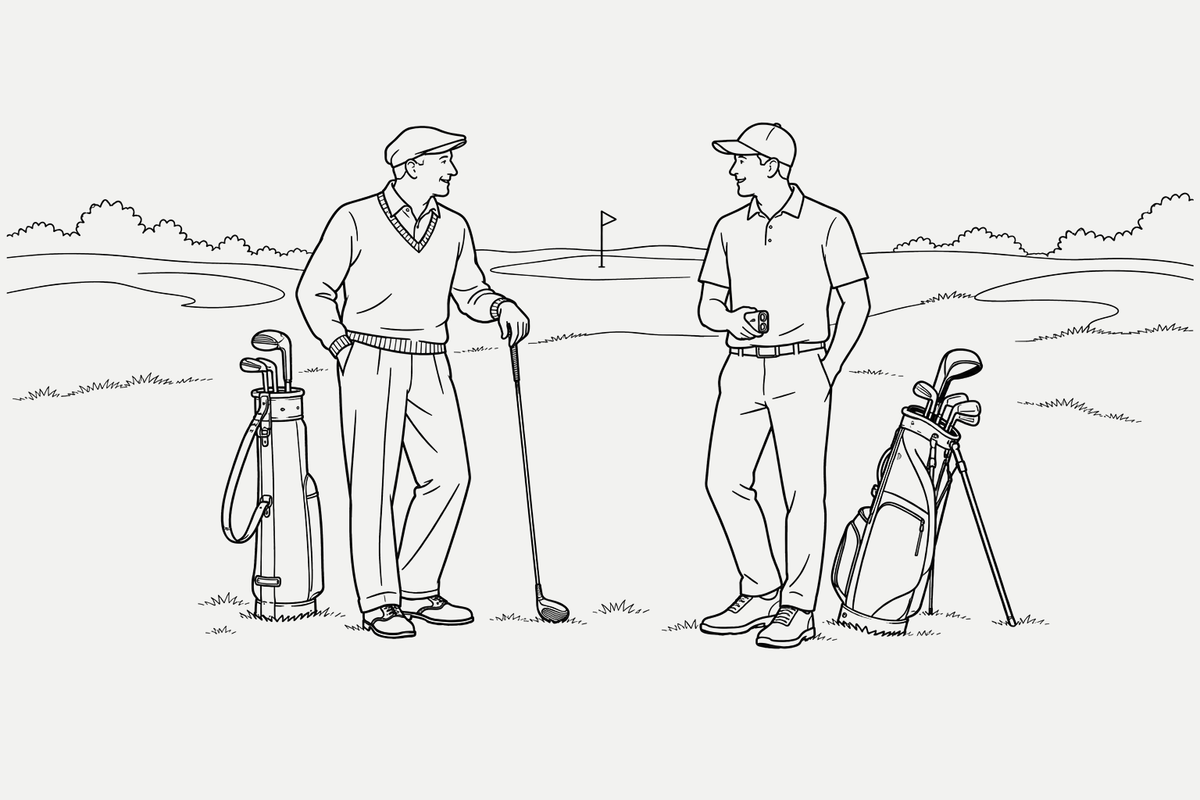 Line illustration of an old-school golfer with a knitted sweater, wooden driver and leather bag meeting a modern golfer with a rangefinder and stand bag.