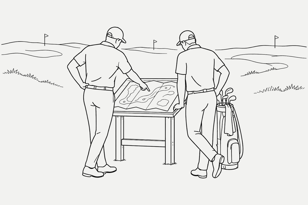 Line drawing of two golfers studying a course plan beside a links course.