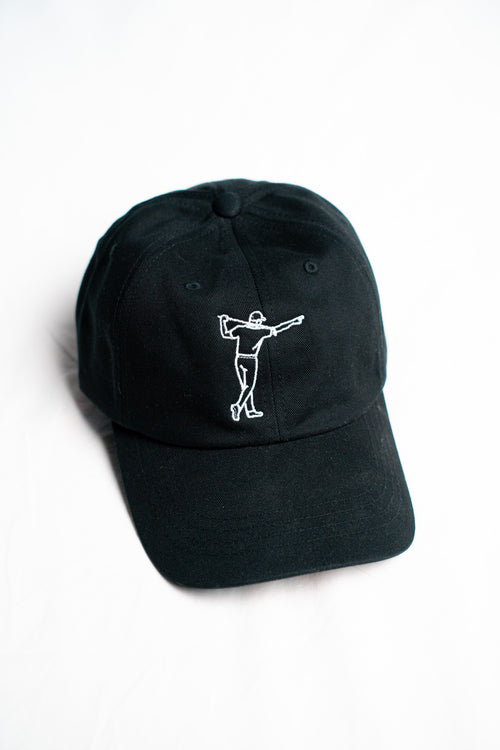 FOA black cap, front view showing the embroidered golfer.