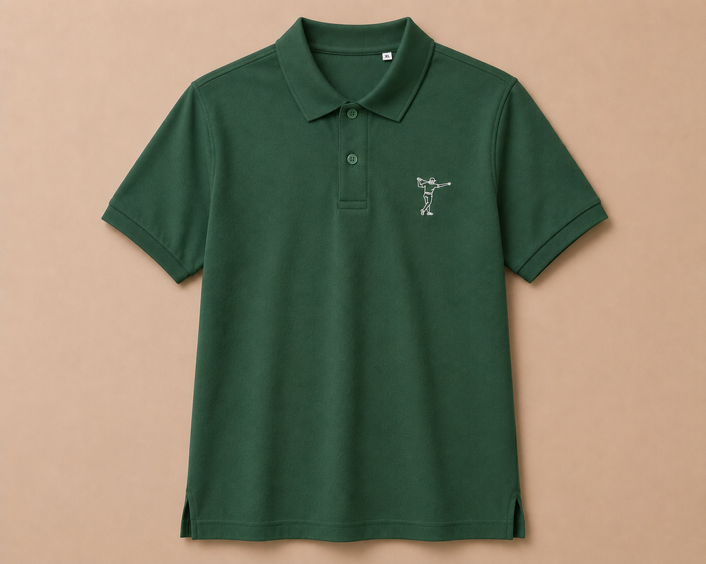 Grön golfpiké från FOA Golf med broderad golfare på bröstet
