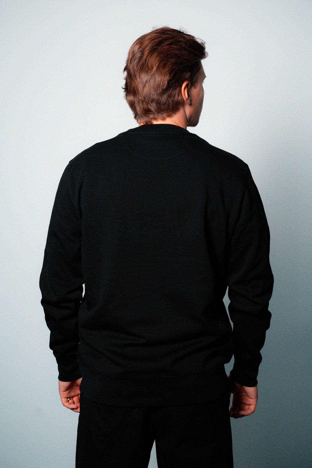 FOA black sweatshirt, back view worn on a model.