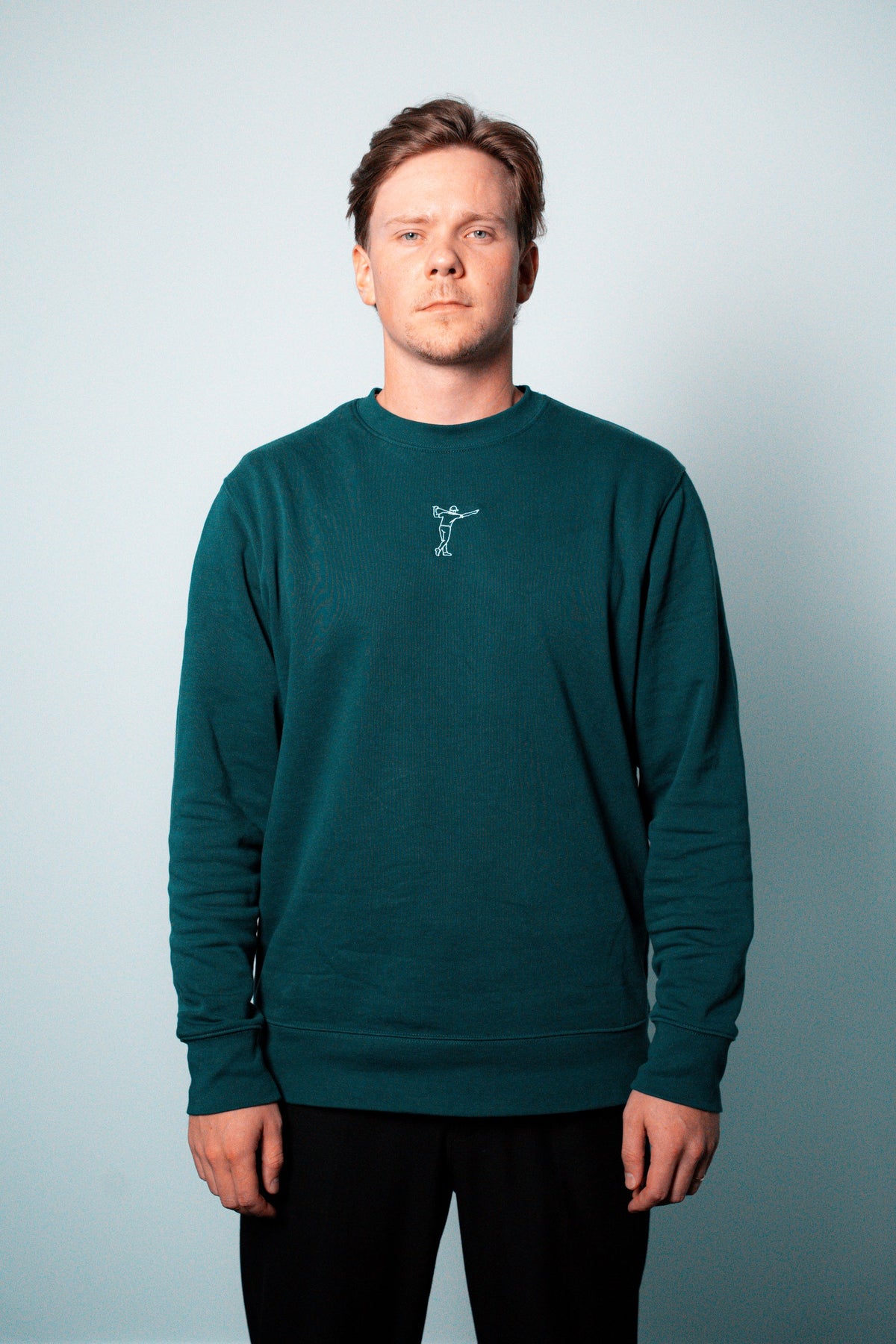 FOA green sweatshirt, front view worn on a model.