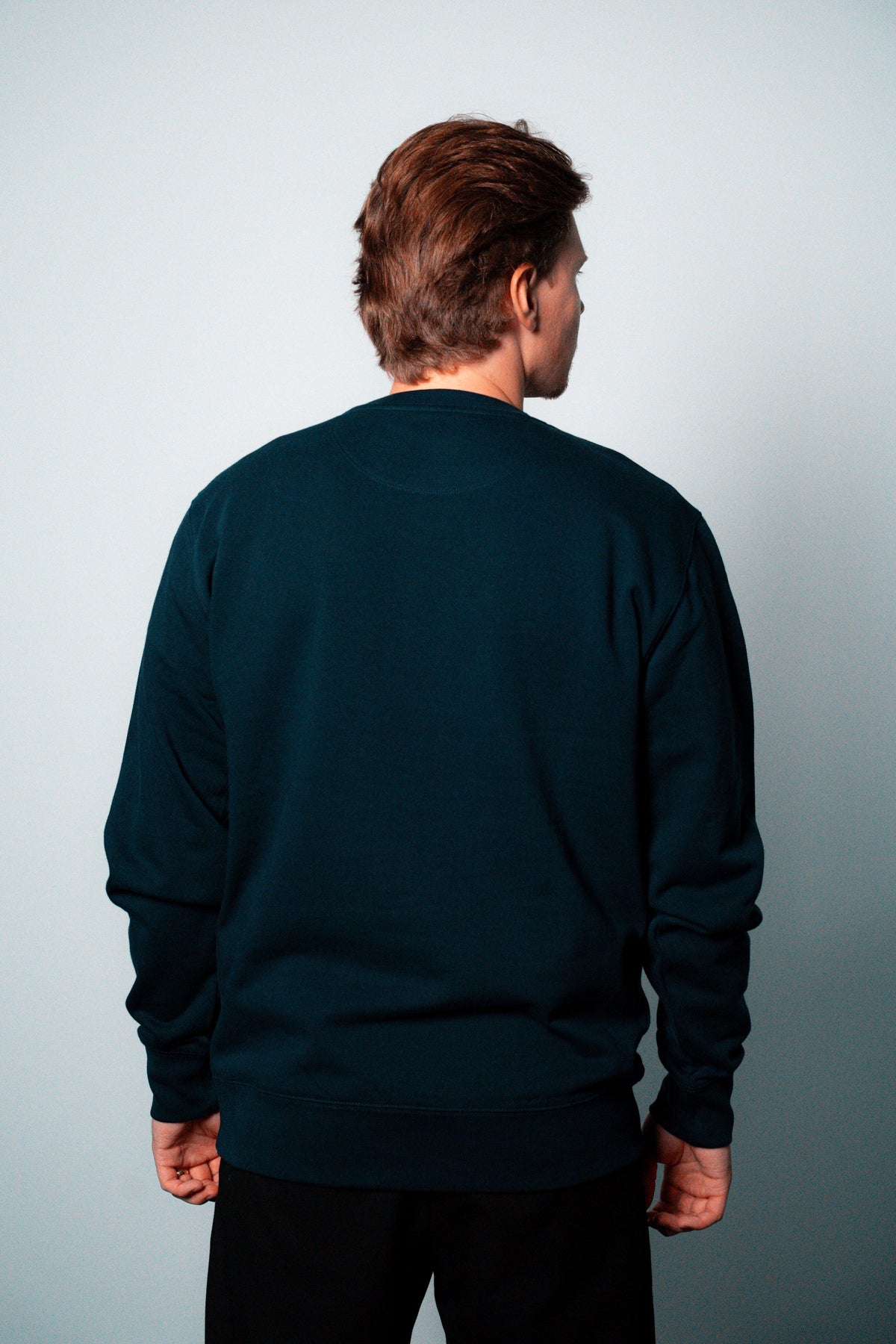 FOA navy sweatshirt, back view worn on a model.