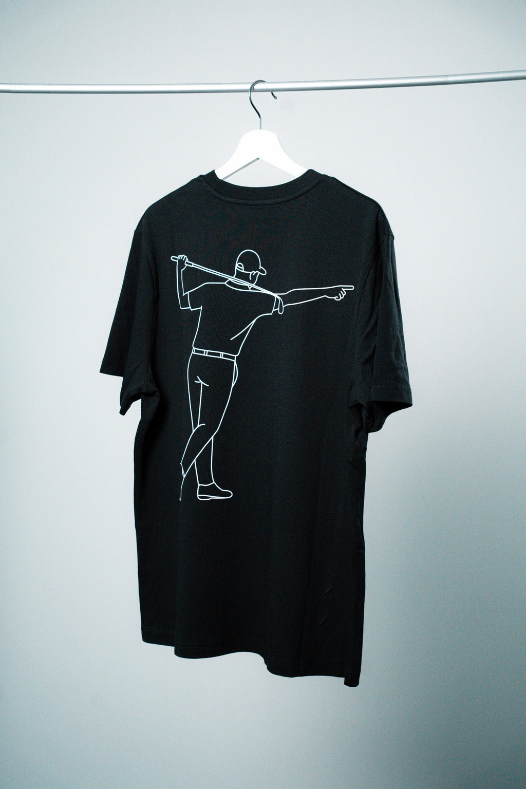 FOA black t-shirt, back view showing the golfer print.