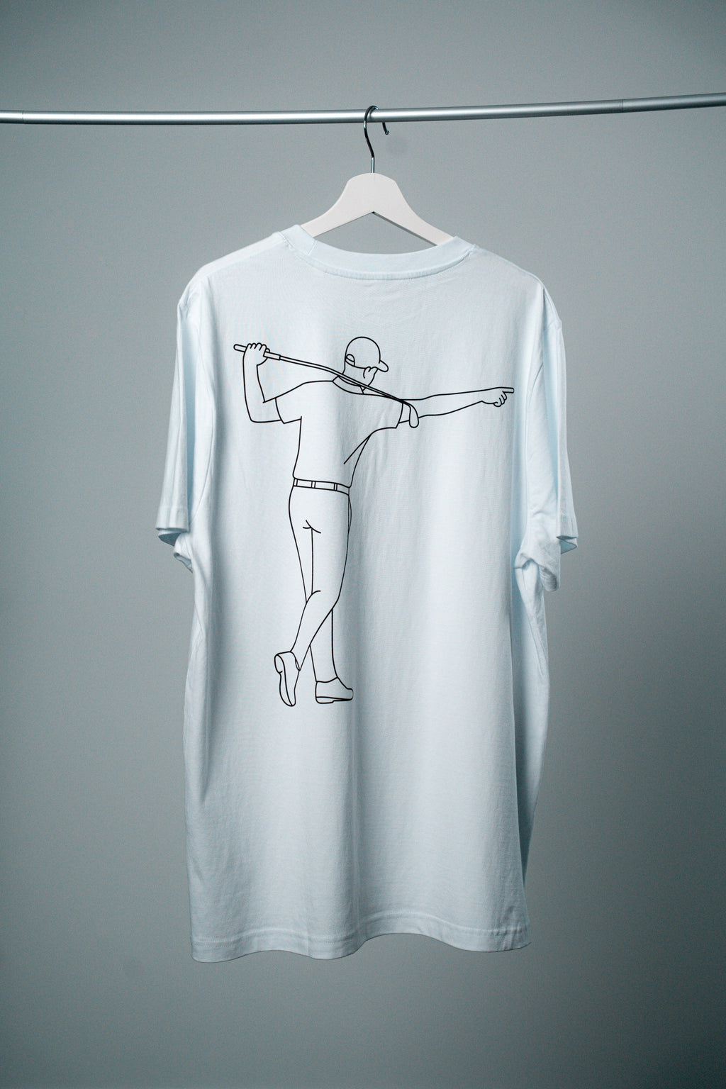 FOA white t-shirt, back view showing the golfer print.