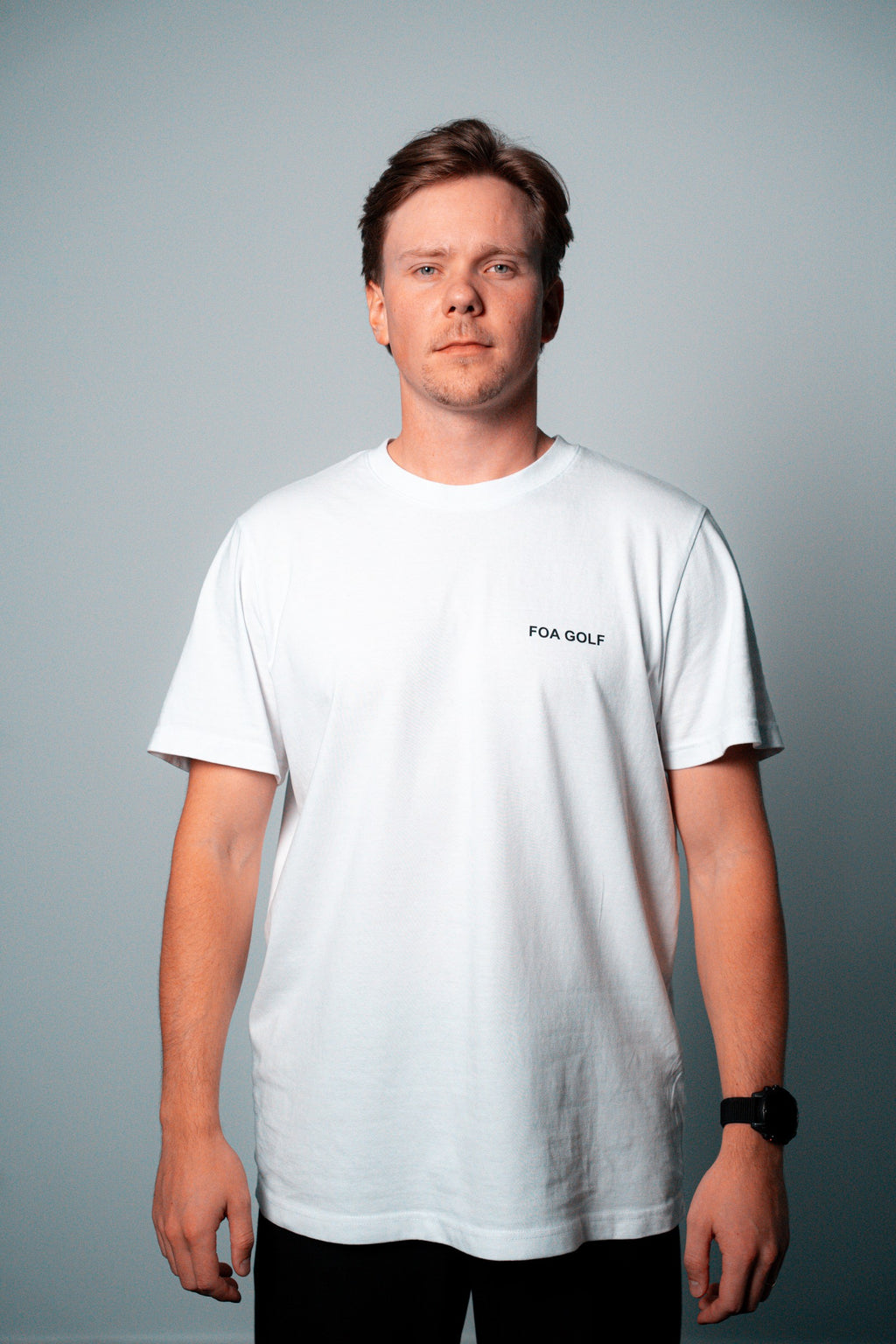 FOA white t-shirt, front view worn on a model.