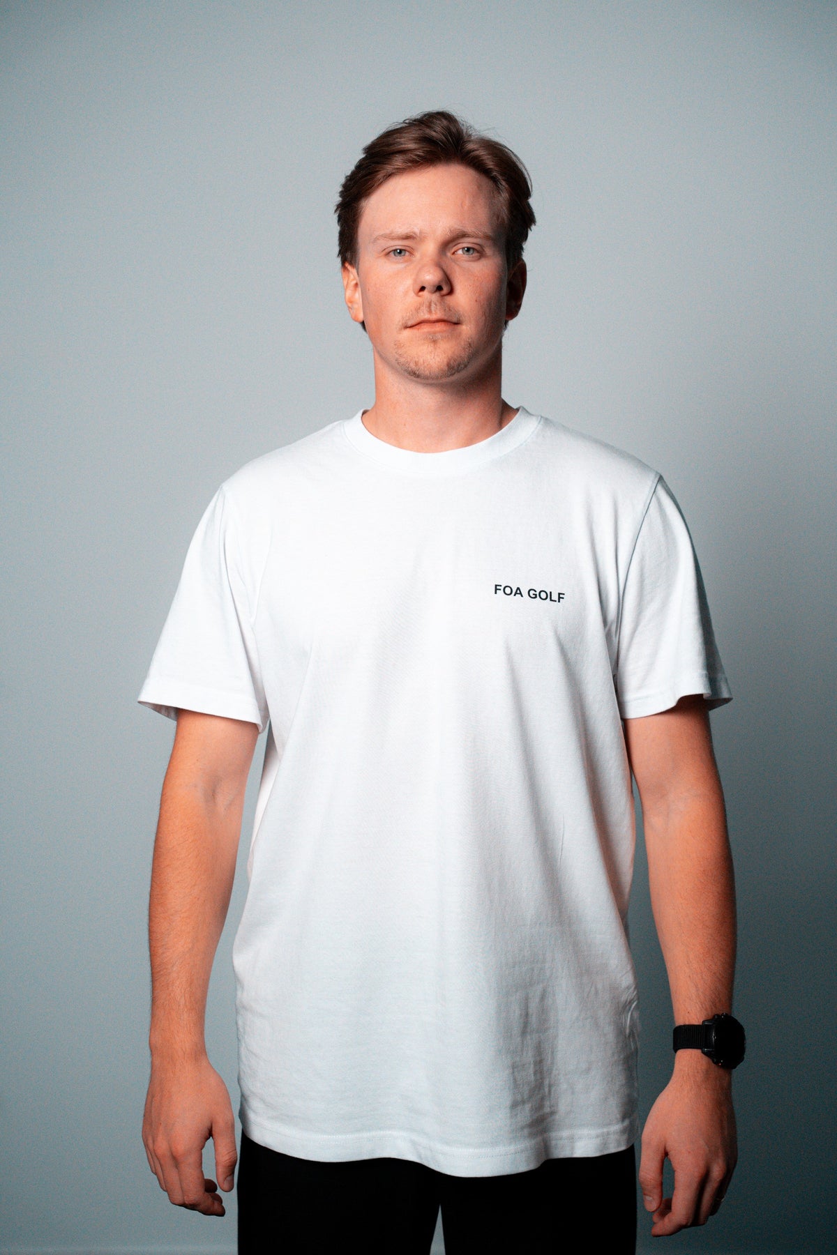 FOA white t-shirt, front view worn on a model.
