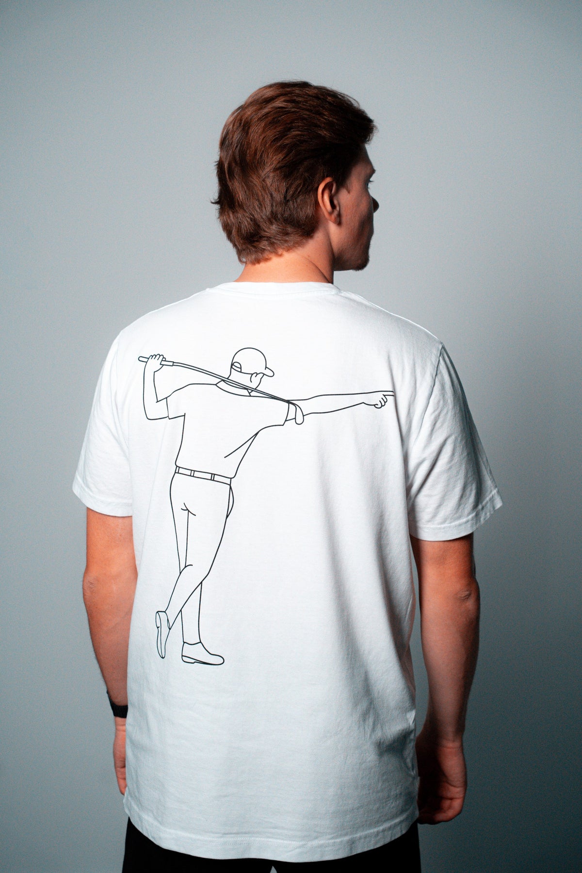 FOA white t-shirt, back view worn on a model.
